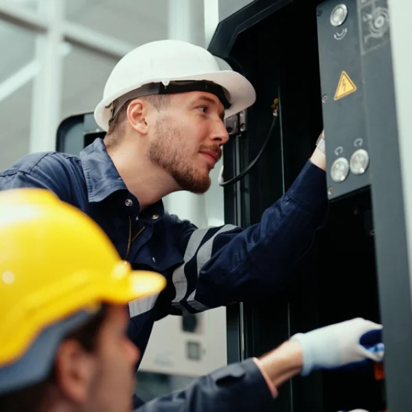 Deux techniciens portant des casques de sécurité inspectant une armoire de commande électrique industrielle.