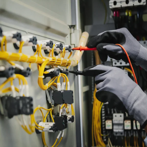 Un électricien utilisant des sondes de test pour vérifier le câblage d'un panneau électrique industriel.