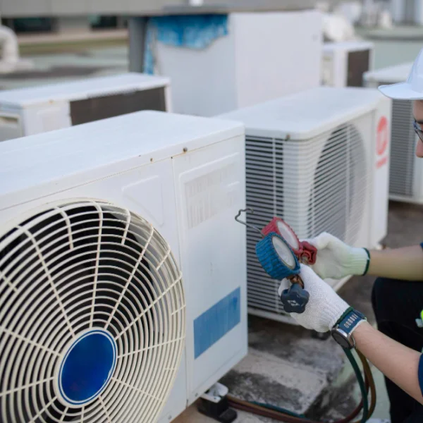 Un homme portant un casque de sécurité et des lunettes travaille sur un climatiseur.