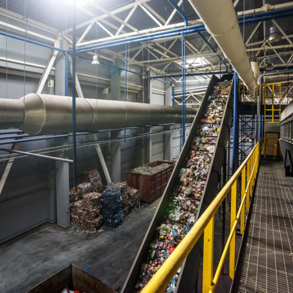 Un grand tapis roulant chargé de déchets divers.