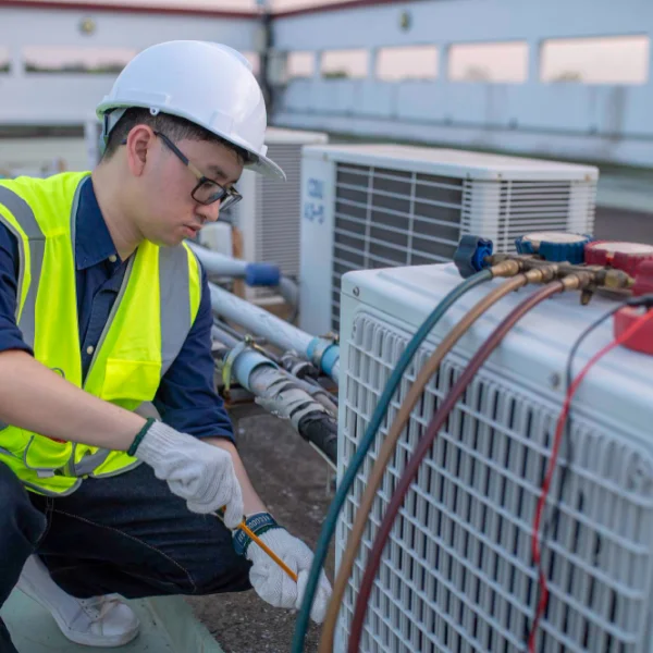 Un homme en casque et gilet de sécurité travaille sur un climatiseur.