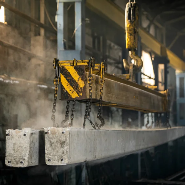 Un grand bloc de béton soulevé par une grue sur un chantier de construction.
