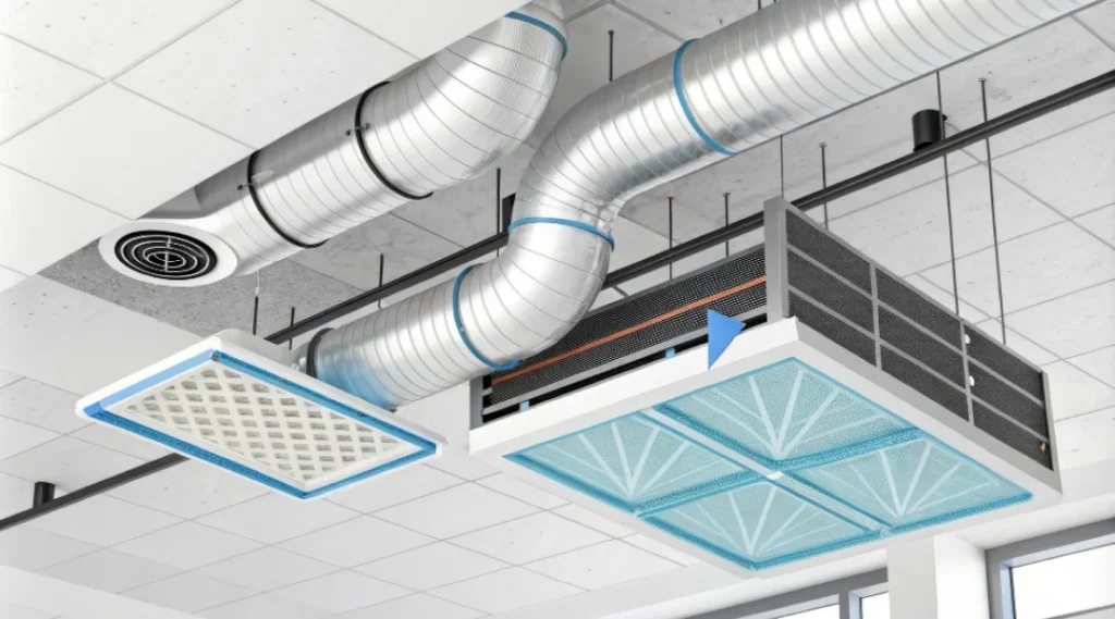 Plafond avec conduits et unités de climatisation visibles, montrant l'infrastructure de ventilation d'un bâtiment.