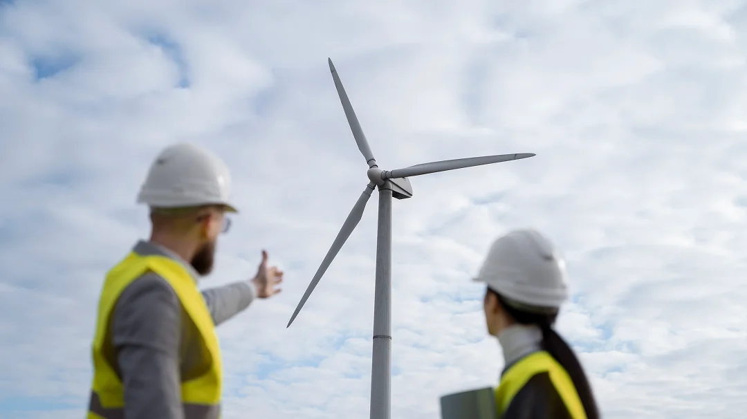 Blogue 5 Deux personnes en casques de sécurité se tiennent à côté d'une éolienne.