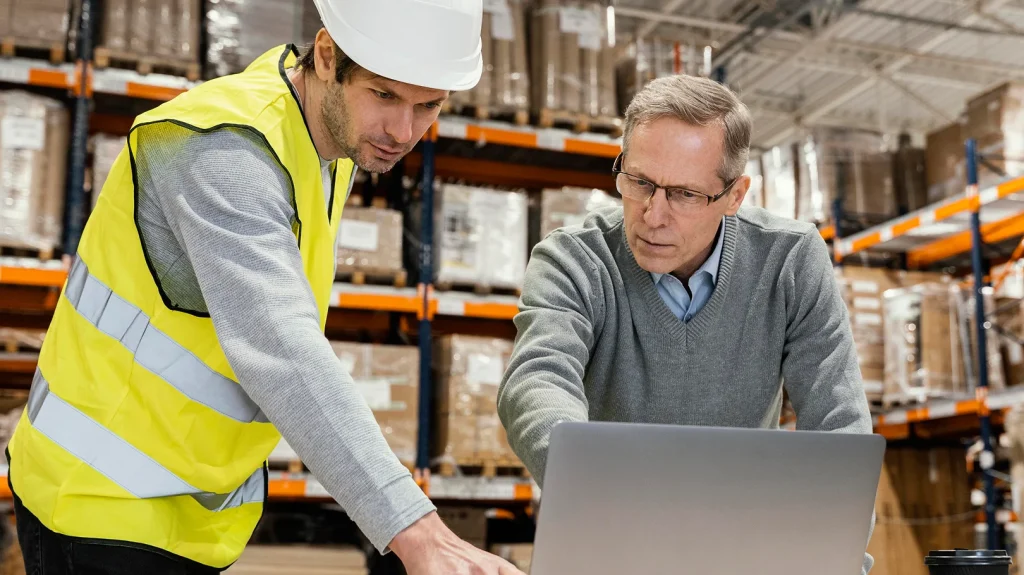 Accélérez vos chantiers avec la puissance de l'industrie connectée : la promesse du Groupe AVA 6 Deux hommes en casques de sécurité travaillent sur un ordinateur portable dans un environnement industriel connecté.