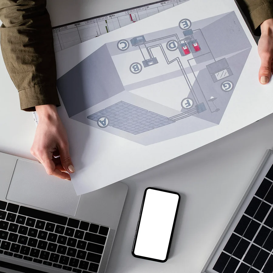 Une personne tient un plan sur une table, avec un ordinateur portable et un téléphone à côté, illustrant la maintenance intelligente.