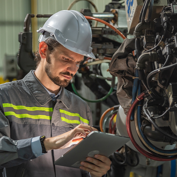 Technicien en maintenance industrielle analysant une machine avec expertise technique