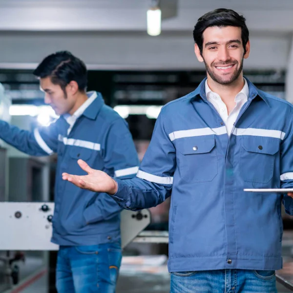 Two men in blue jackets stand in front of a machine, engaged in conversation or observation.