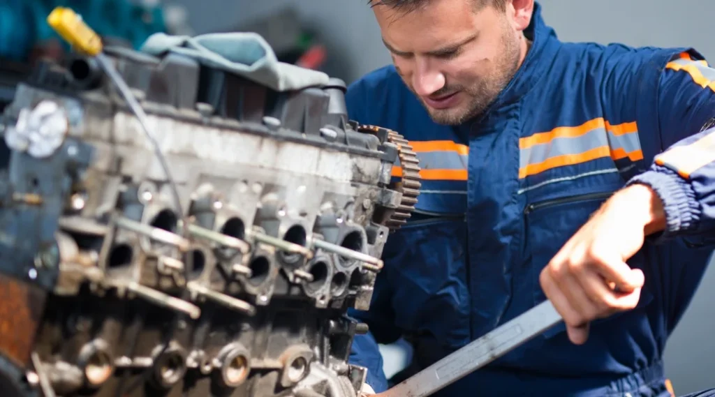 Un mécanicien en uniforme bleu travaillant sur un moteur de voiture ouvert dans un atelier.